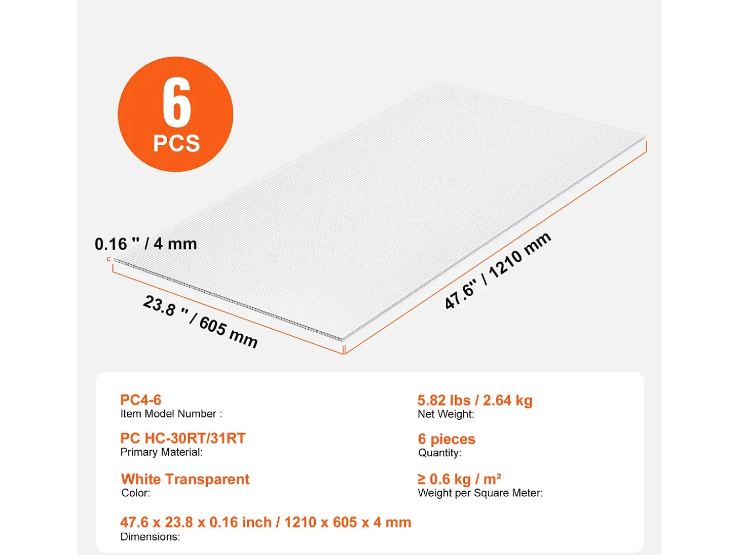 Painéis de Estufa SucceBuy de Policarbonato Lote de 6, 61cm X 122 cm X 0.4 cm, Chapas de Telhado, Proteção UV, Impermeável, Resistente a Impactos para Jardim