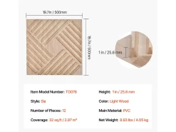 Painéis de Parede 3D SucceBuy, Kit com 12, 50 x 50 cm, PVC com Laminas, Cobertura de 3 m², Madeira Clara