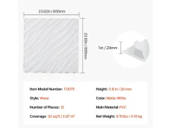 Painéis de Parede 3D SucceBuy, Kit com 12, 50 x 50 cm, PVC Ondulado, Cobertura de 3 m², Branco Mate