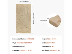 Painéis de Parede 3D SucceBuy, Kit com 4, 122 x 61 cm, Aspecto de Pedra, Cobertura de 3 m², Amarelo Pedra