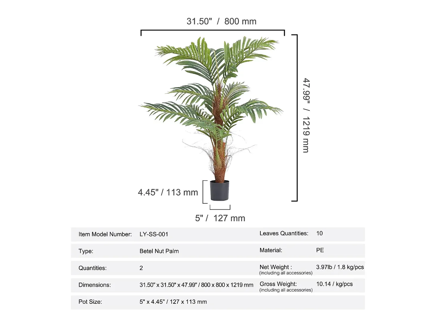 Palmeira Areca Artificial SucceBuy de 1,22 m, Planta Realista de Noz de Betel