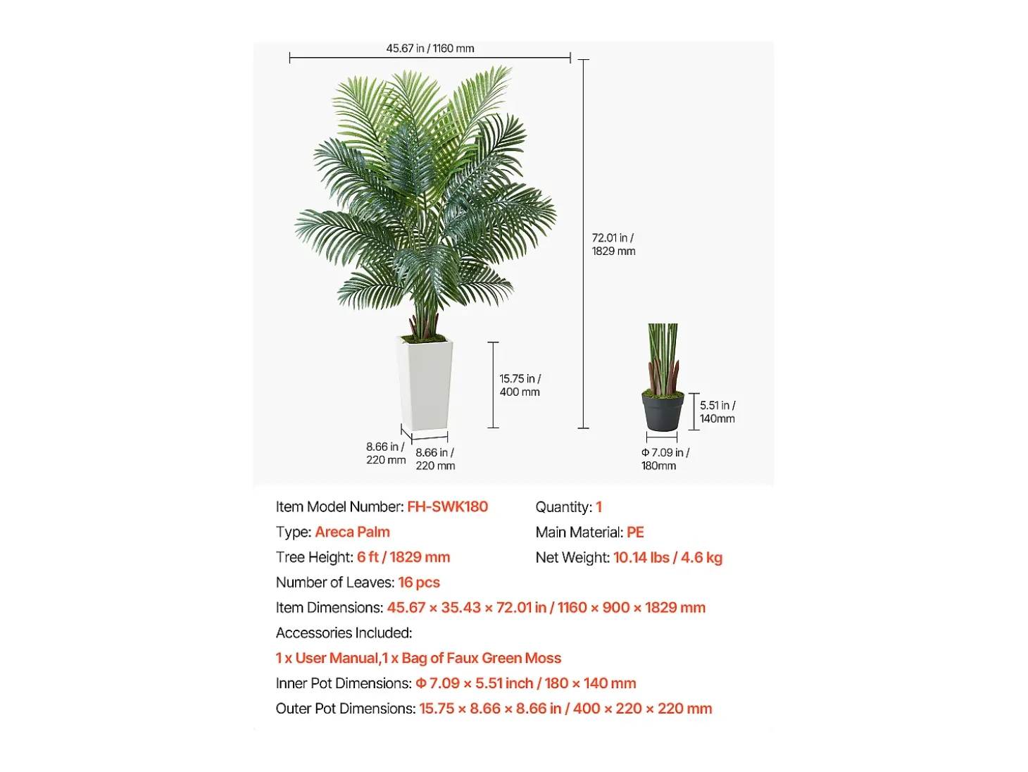 Palmeira Artificial Areca SucceBuy, 1,8 m, Planta Artificial Tropical em Vaso Branco, Falsa Árvore Tropical Palmeira Areca, Planta Falsa para Sala
