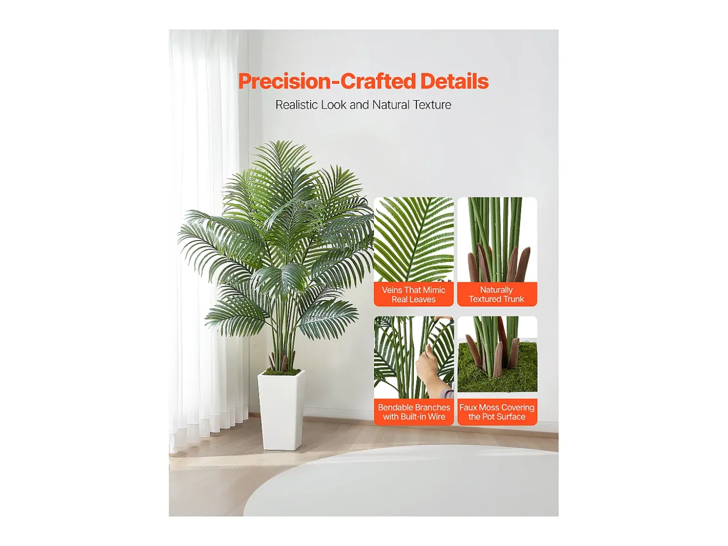 Palmeira Artificial Areca SucceBuy, 1,8 m, Planta Artificial Tropical em Vaso Branco, Falsa Árvore Tropical Palmeira Areca, Planta Falsa para Sala
