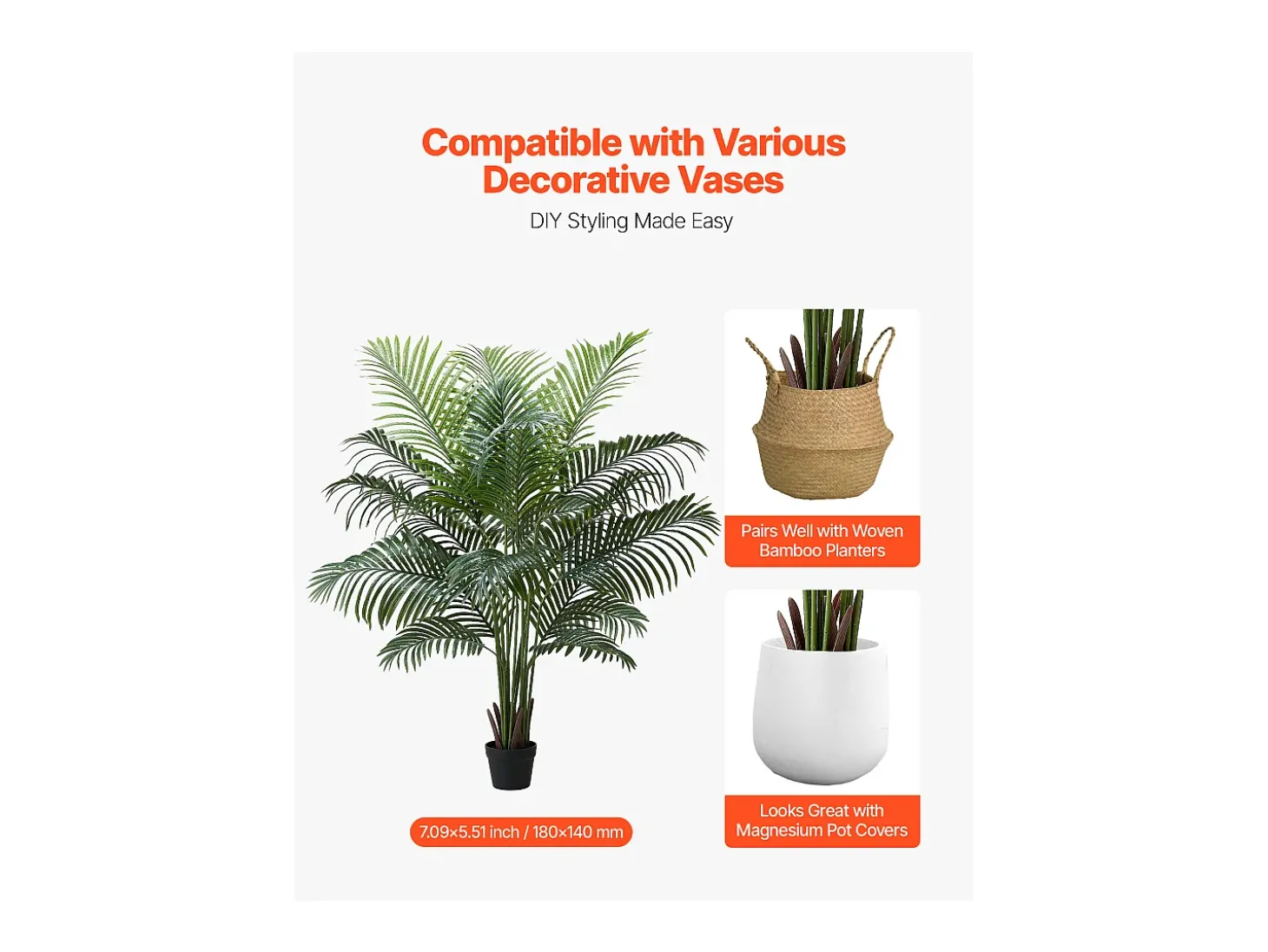 Palmeira Artificial Areca SucceBuy, 1,8 m, Planta Artificial Tropical em Vaso Branco, Falsa Árvore Tropical Palmeira Areca, Planta Falsa para Sala