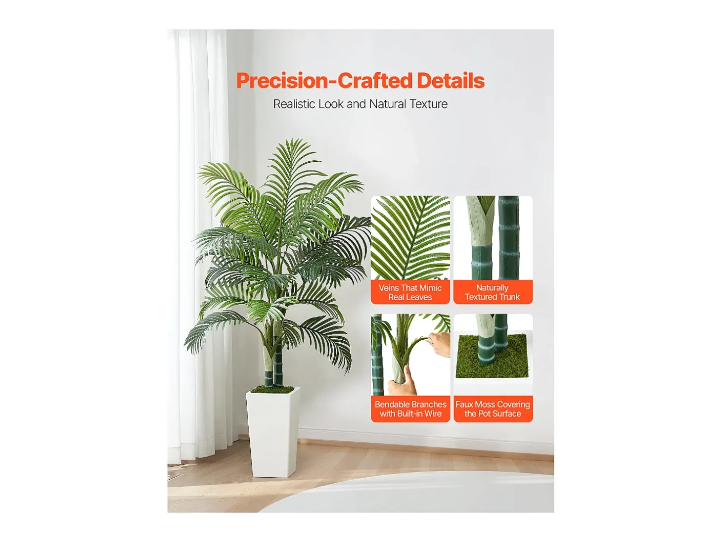 Palmeira Artificial Areca SucceBuy, 1,5 m, Planta Artificial Tropical em Vaso Branco, Falsa Árvore Tropical Palmeira Areca Tronco Grosso