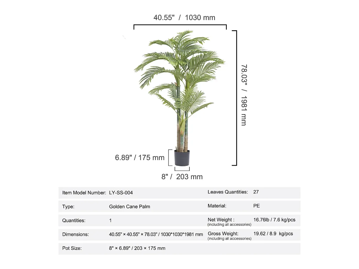 Palmeira Artificial de Cana Dourada SucceBuy 2m, Planta falsa Verde Decorativa Realista