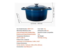 Panela SucceBuy de Ferro Fundido 5,68 L, Panela Esmaltada com Tampa e Duas Alças, Resistente e Durável, para Fornos de Indução até 260 °C, Azul