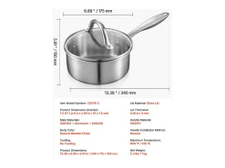 Panela SucceBuy em Aço Inoxidável 1,4 L, Panela com Tampa de Vidro E Cabo Ergonomico, Antiaderente, Lavável na Lava-Louças, Utensílio de Cozinha