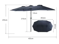 Parasol deportado - em aço e tecido 100% de poliéster - para jardim de praia da varanda - sem base - 453x267x255cm - Night Blue