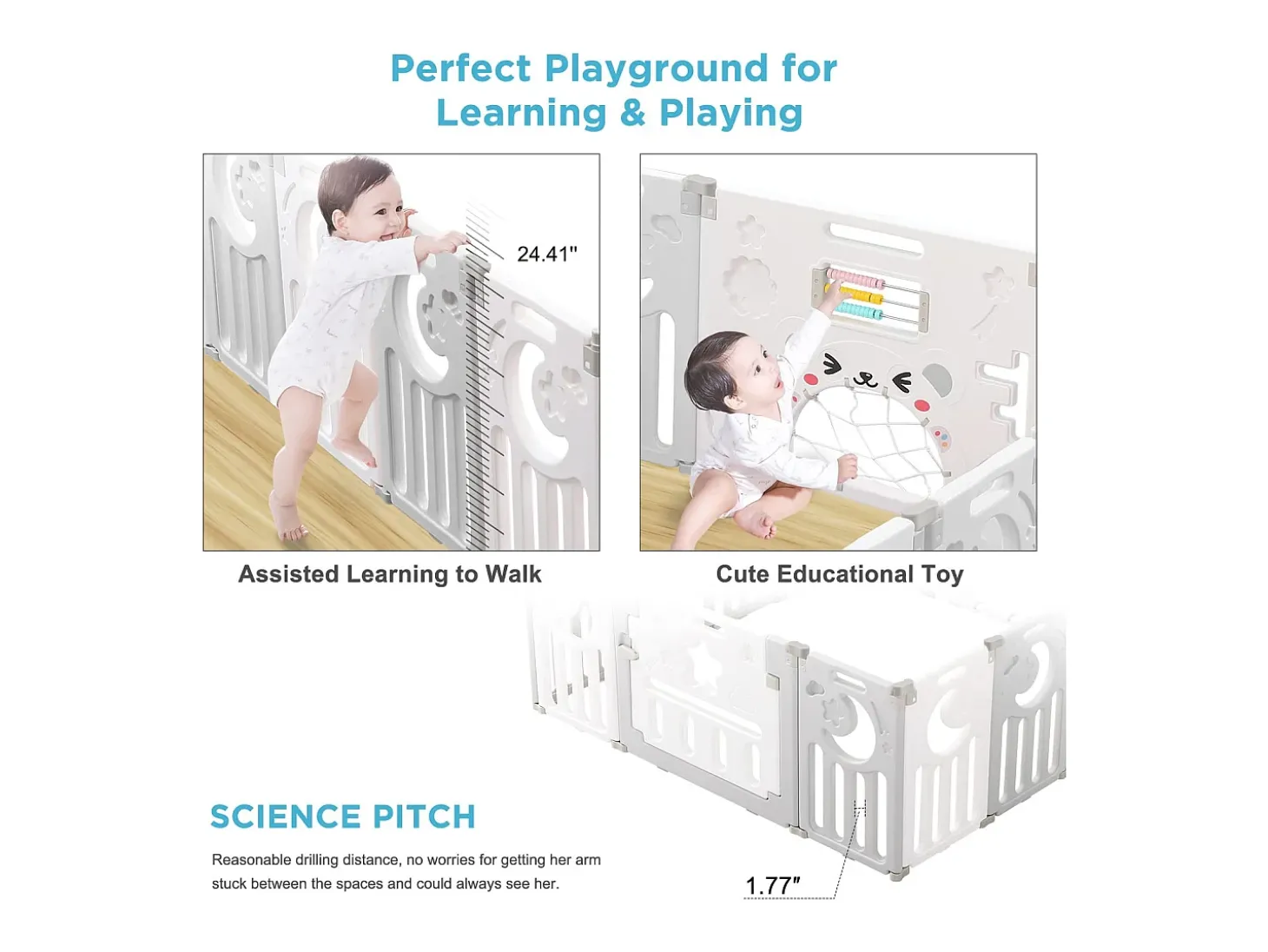 Parque Baby, parque de portal de barreira de segurança, parque de plástico ecológico do bebê, grade de proteção plástica com porta (10 painéis)- cinza