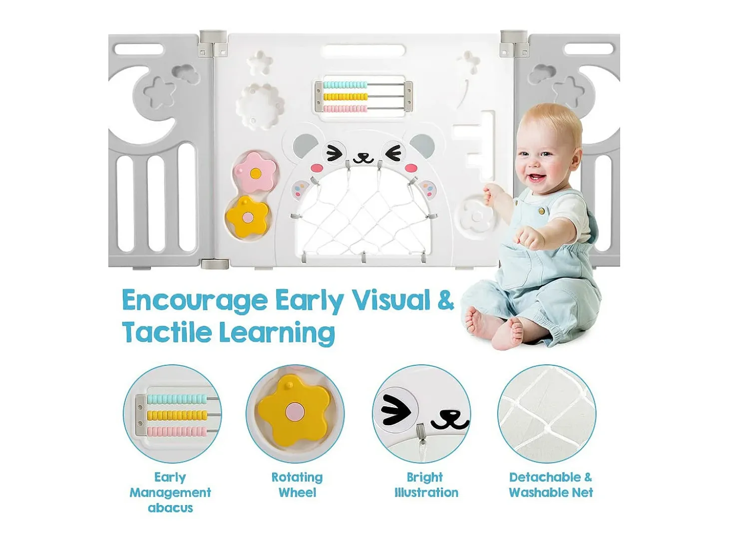 Parque Baby, parque de portal de barreira de segurança, parque de plástico ecológico do bebê, grade de proteção plástica com porta (10 painéis)- cinza