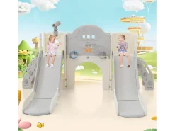 Parque infantil 8 em 1 com escorrega, parede de escalada, jogo de perfuração, piso cinzento