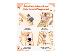 Parque Infantil Interior SucceBuy de Madeira 4-em-1, com Parede de Escalada, Escorregador, Escada de Madeira e Anéis de Ginástica, Estrutura de Brinquedo