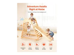 Parque Infantil Interior SucceBuy de Madeira 4-em-1, com Parede de Escalada, Escorregador, Escada de Madeira e Anéis de Ginástica, Estrutura de Brinquedo