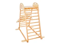 Parque Infantil Interior SucceBuy de Madeira 4-em-1, com Parede de Escalada, Escorregador, Escada de Madeira e Anéis de Ginástica, Estrutura de Brinquedo