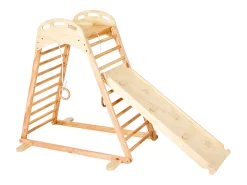 Parque Infantil Interior SucceBuy de Madeira 4-em-1, com Parede de Escalada, Escorregador, Escada de Madeira e Anéis de Ginástica, Estrutura de Brinquedo