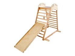 Parque Infantil Interior SucceBuy de Madeira 4-em-1, com Parede de Escalada, Escorregador, Escada de Madeira e Anéis de Ginástica, Estrutura de Brinquedo