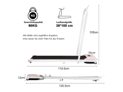 Passadeira ergométrica com ecrã LED, altifalante Bluetooth e suporte - Rosa e preta
