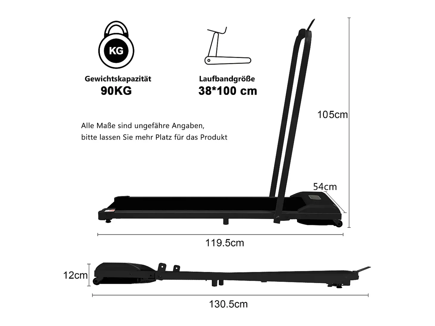 Passadeira ergométrica com ecrã LED, altifalante Bluetooth e suporte - Preta