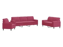 3pcs conjunto sofás c/ almofadões e rolos veludo vermelho tinto