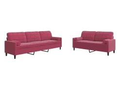 2pcs conjunto sofás c/ almofadões e rolos veludo vermelho tinto