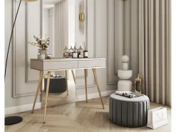 Penteadeira bege glamorosa com pernas douradas, 102 x 80 x 50