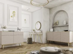 Penteadeira bege glamorosa com pernas douradas, 102 x 80 x 50