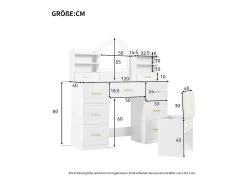 Penteadeira com 9 gavetas, espelho e banco - 120 x 40 x 135 cm - LEDs - Aglomerado - Branco