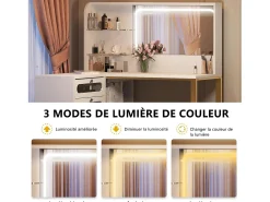 Penteadeira com banqueta, espelho HD e luzes LED ajustáveis, tomada, 5 gavetas, branca