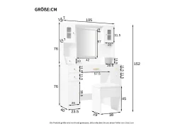 Penteadeira com espelho 152×40×105 cm - com banqueta - com LED ajustável e tomada - com 6 gavetas e 4 portas - branco