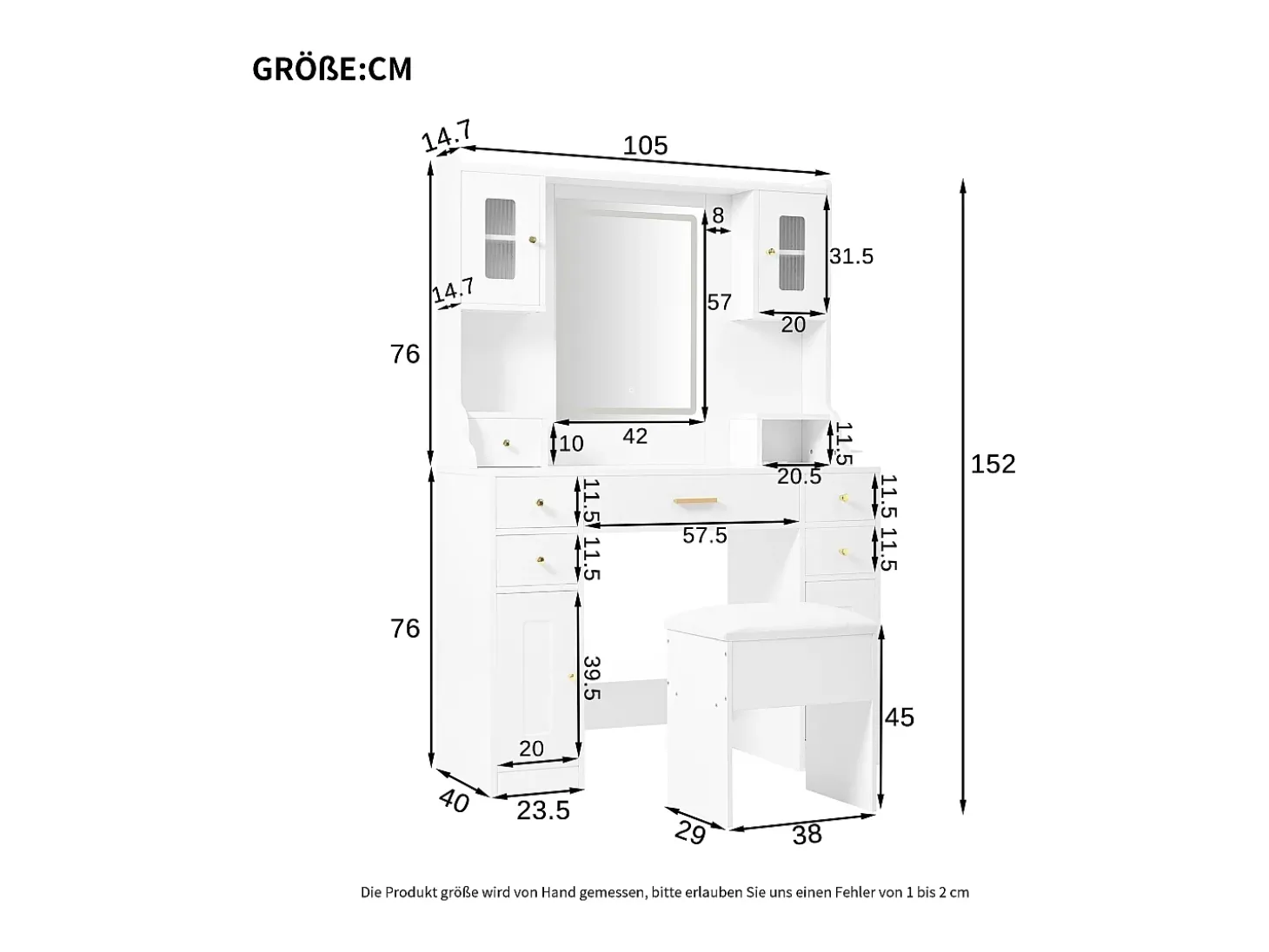 Penteadeira com espelho 152×40×105 cm - com banqueta - com LED ajustável e tomada - com 6 gavetas e 4 portas - branco