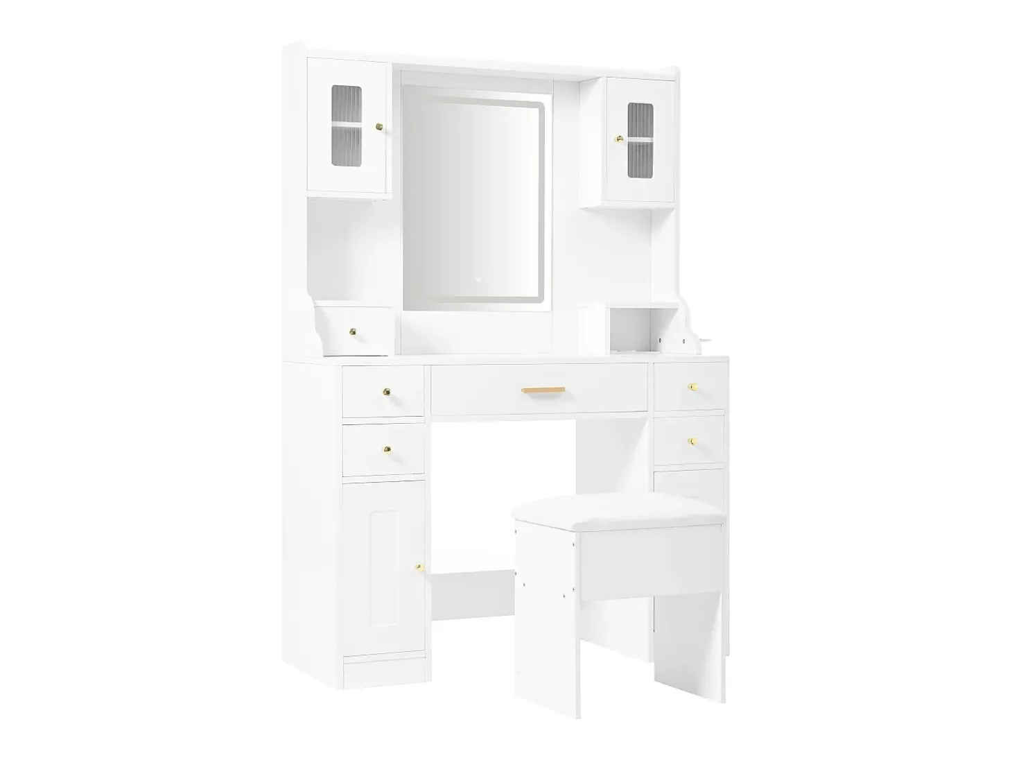 Penteadeira com espelho 152×40×105 cm - com banqueta - com LED ajustável e tomada - com 6 gavetas e 4 portas - branco
