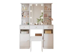 Penteadeira com espelho - com banquinho - com iluminação LED ajustável - 2 portas e 3 gavetas - branco