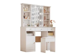 Penteadeira com espelho - com banquinho - com iluminação LED ajustável - 2 portas e 3 gavetas - branco