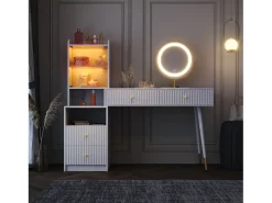 Penteadeira com espelho 100x40x125 cm - com LED ajustável - com 4 gavetas e 1 porta de vidro - 1 compartimento de armazenamento aberto - Branco