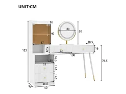 Penteadeira com espelho 100x40x125 cm - com LED ajustável - com 4 gavetas e 1 porta de vidro - 1 compartimento de armazenamento aberto - Branco