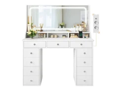 Penteadeira com grande espelho e iluminação LED, tomada de Corrente + USB, brilho ajustável, 11 Gavetas, Branco, 110x40x135cm