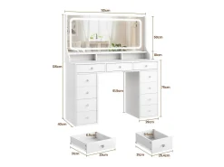 Penteadeira com grande espelho e iluminação LED, tomada de Corrente + USB, brilho ajustável, 11 Gavetas, Branco, 110x40x135cm