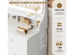 Penteadeira com grande espelho e iluminação LED, tomada de Corrente + USB, brilho ajustável, 11 Gavetas, Branco, 110x40x135cm