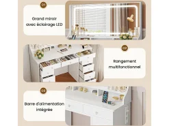 Penteadeira com grande espelho e iluminação LED, tomada de Corrente + USB, brilho ajustável, 11 Gavetas, Branco, 110x40x135cm