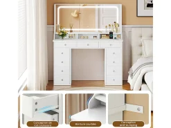 Penteadeira com grande espelho e iluminação LED, tomada de Corrente + USB, brilho ajustável, 11 Gavetas, Branco, 110x40x135cm