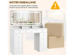 Penteadeira com grande espelho e iluminação LED, tomada de Corrente + USB, brilho ajustável, 11 Gavetas, Branco, 110x40x135cm