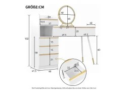 Penteadeira com iluminação LED 100 x 41,5 x 102 cm - com 6 gavetas - tampo extensível - branco