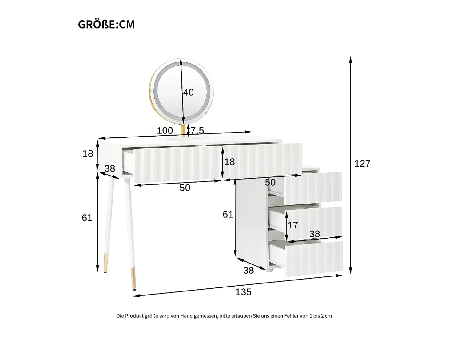 Penteadeira com iluminação LED 100×40×127 cm - com 5 gavetas - branco