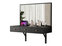 Penteadeira de parede com espelho + 3 gavetas + tomadas - 100 x 45 x 105 cm - aglomerado - preto