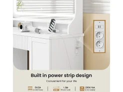Penteadeira, Grande Espelho LED com Brilho Ajustável, 1 Gaveta e 2 Portas, 2 Tomadas AC e 2 Portas USB, Branco, 110x40x135cm