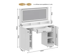 Penteadeira, Grande Espelho LED com Brilho Ajustável, 1 Gaveta e 2 Portas, 2 Tomadas AC e 2 Portas USB, Branco, 110x40x135cm
