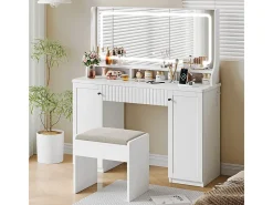 Penteadeira, Grande Espelho LED com Brilho Ajustável, 1 Gaveta e 2 Portas, 2 Tomadas AC e 2 Portas USB, Branco, 110x40x135cm
