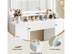 Penteadeira, Grande Espelho LED com Brilho Ajustável, 1 Gaveta e 2 Portas, 2 Tomadas AC e 2 Portas USB, Branco, 110x40x135cm