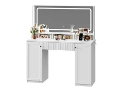 Penteadeira, Grande Espelho LED com Brilho Ajustável, 1 Gaveta e 2 Portas, 2 Tomadas AC e 2 Portas USB, Branco, 110x40x135cm